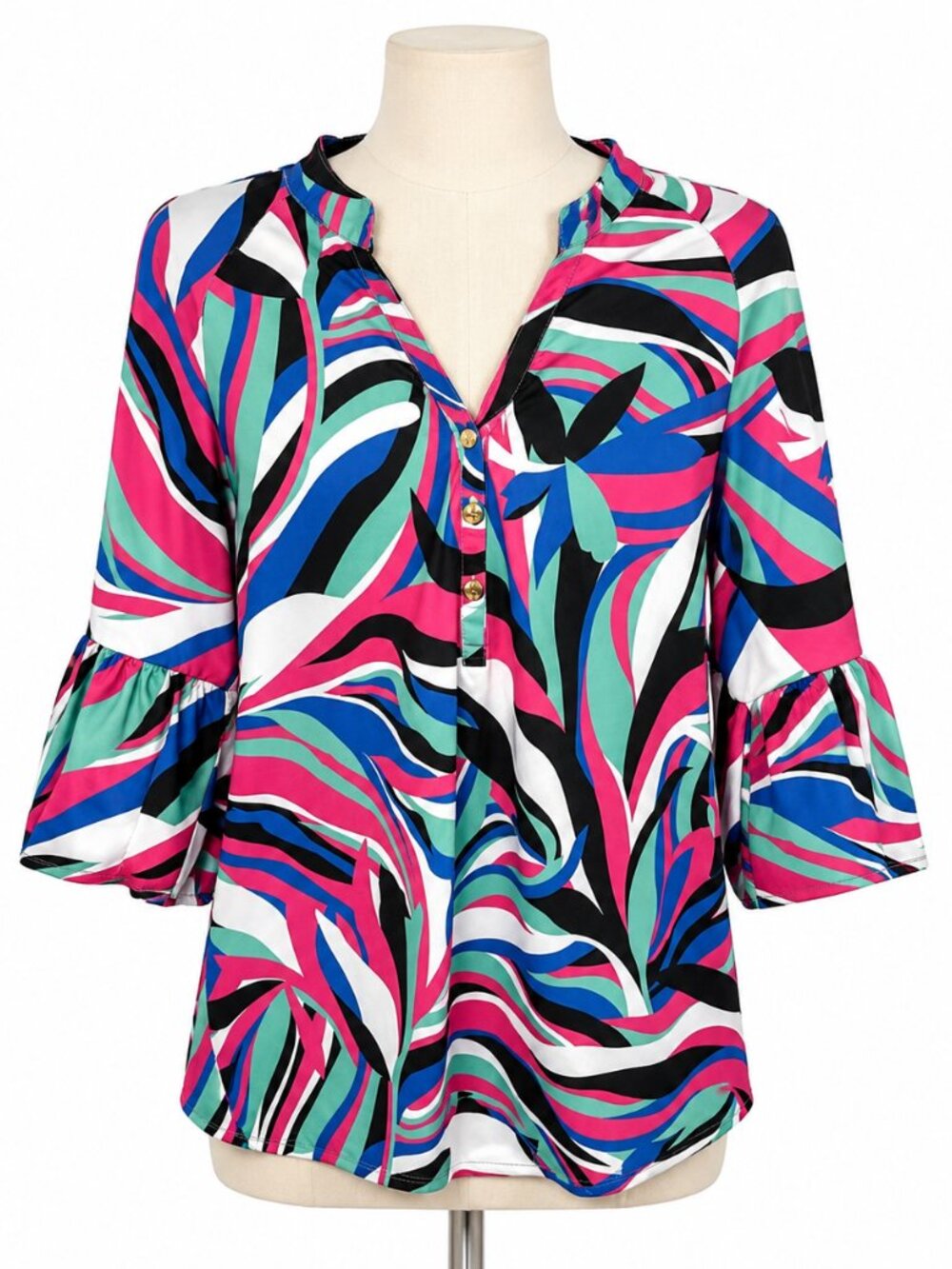 Tracy Negoshian Colorful Abstract Bell Sleeve Blouse Size S